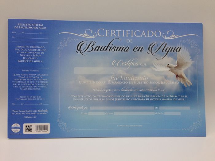 Certificados de bautismo en agua (paloma). Paquete de 20 unidades.