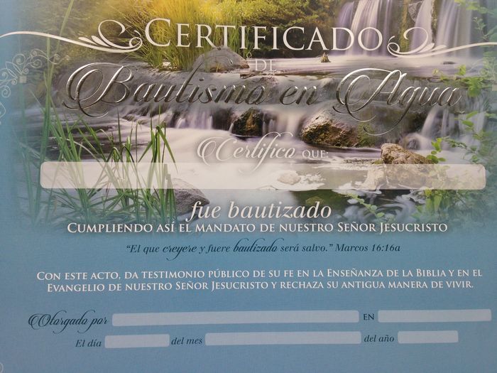 Certificados de bautismo en agua. Paquete 20 unidades