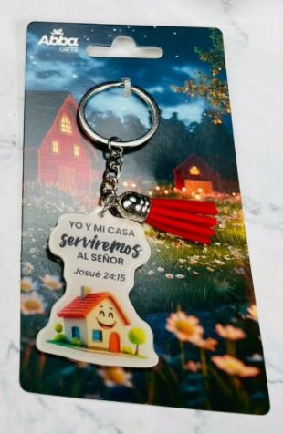 Yo y mi casa serviremos al Señor- Llavero acrílico con pon pon decorativo