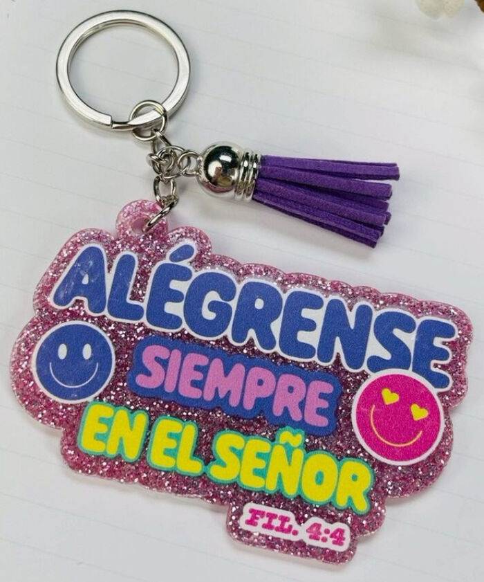 Alégrense en el Señor - Llavero de caucho con brillantina