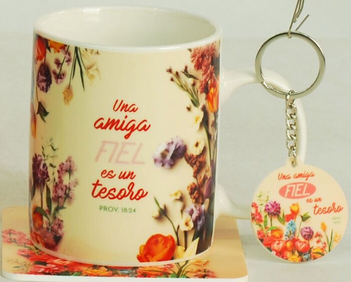 Pack Taza + llavero + Posavasos. Una amiga fiel