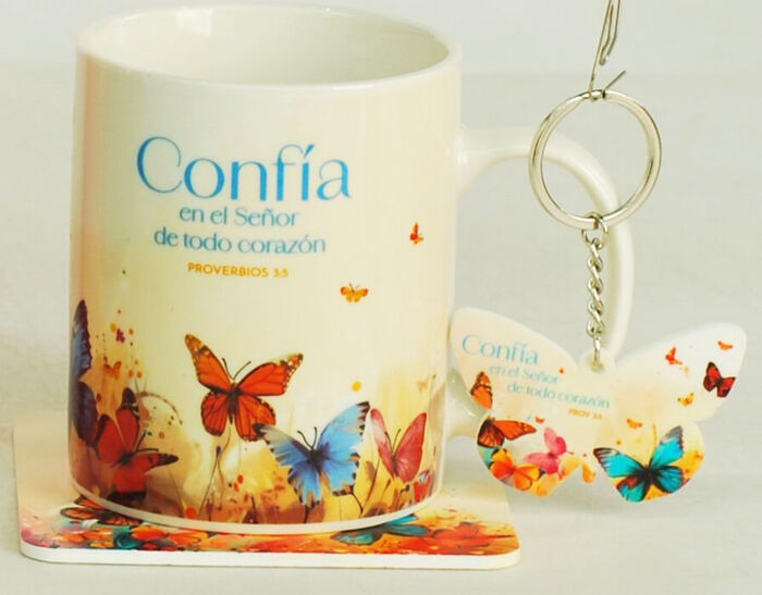 Pack Taza + llavero + Posavasos. Confía