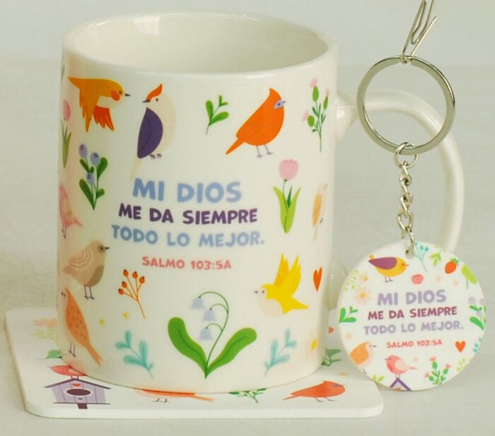 Pack Taza + llavero + Posavasos. Mi Dios me da