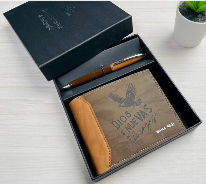 Pack Billetera masculina + bolígrafo. Dios te da nuevas fuerzas