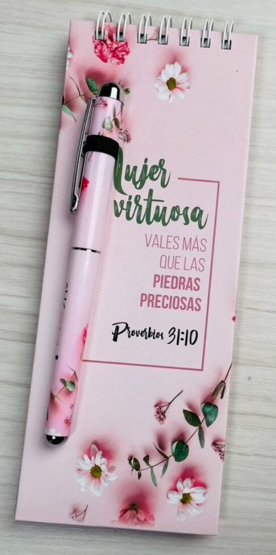 Block de notas ALARGADO con anillas y bolígrafo. Mujer virtuosa