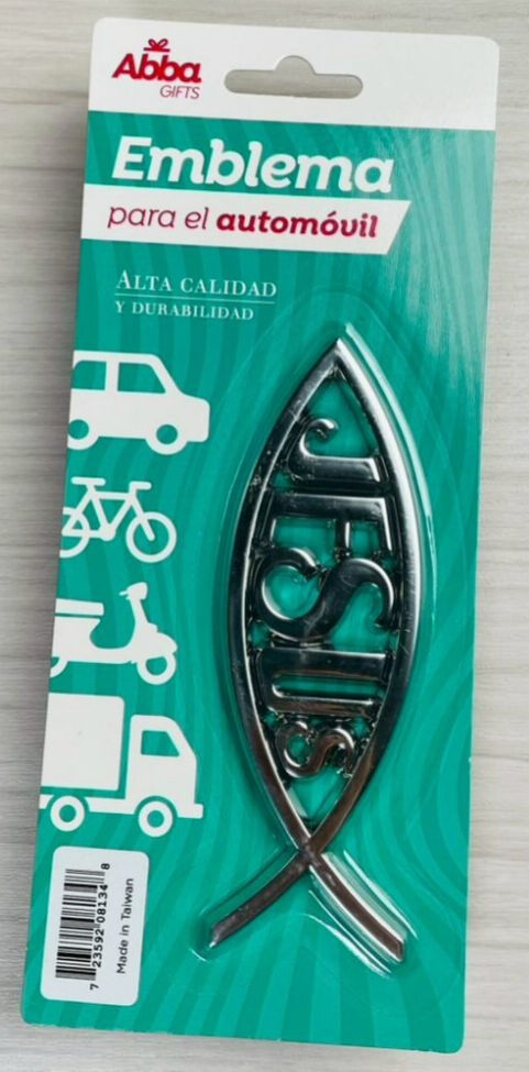 Emblema Ichtus plateado con Jesús. 13 cm.