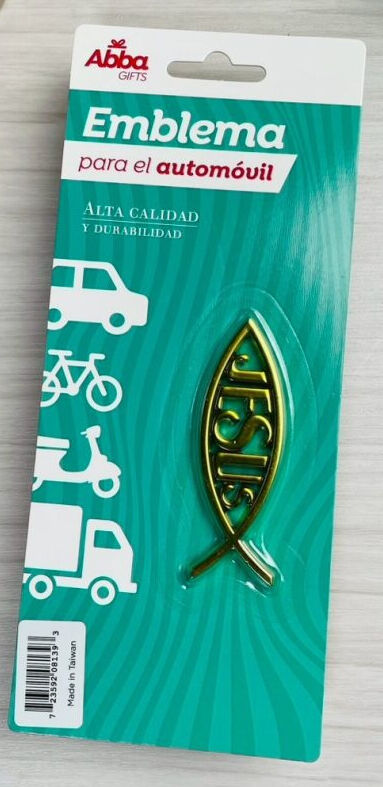 EMBLEMA ICHTUS DORADO CON JESÚS. 8 CM.