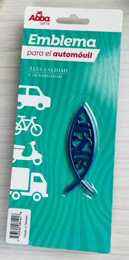 EMBLEMA ICHTUS AZUL CON JESÚS. 8 CM.