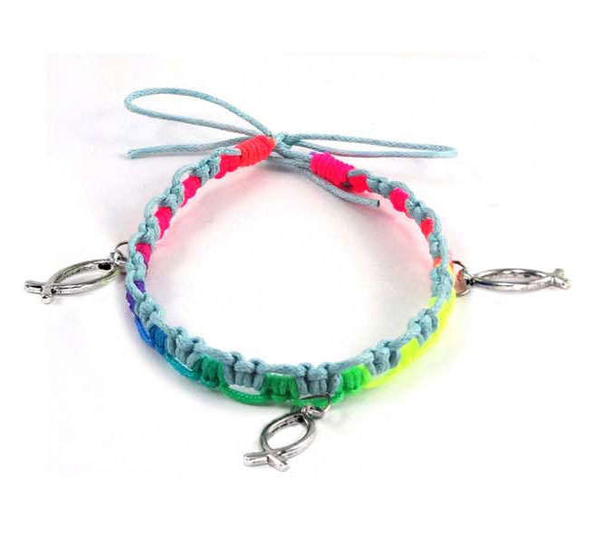 Pulsera mulicolor CJR con tres Icthus metal Azul claro/fucsia/verde/amarillo/azul oscuro (Nueva colección Luce y Comparte)