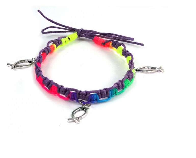 Pulsera mulicolor CJR con tres Icthus metal Lila/fucsia/amarillo/verde/azul/naranja (Nueva colección Luce y Comparte)