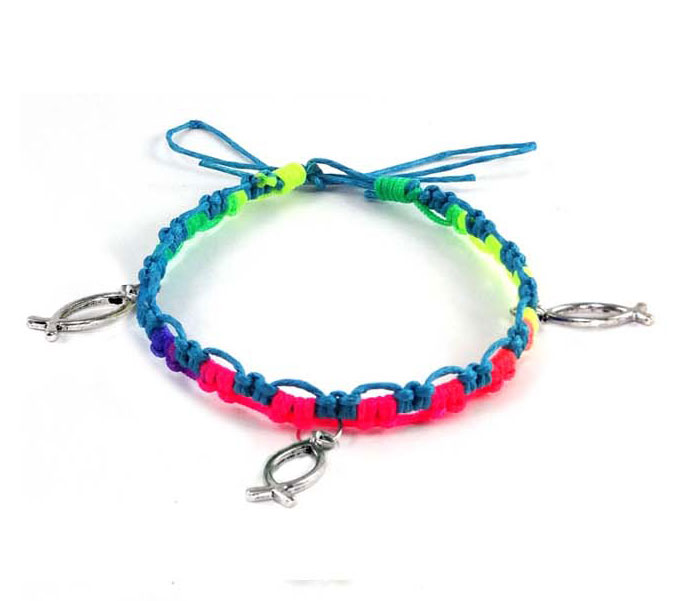 Pulsera mulicolor CJR con tres Icthus metal Azul claro /amarillo/fucsia/verde/lila (Nueva colección Luce y Comparte)