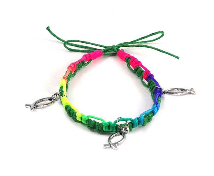 Pulsera mulicolor CJR con tres Icthus metal Verde Oscuro/Azul/Fucsia/amarillo (Nueva colección Luce y Comparte)