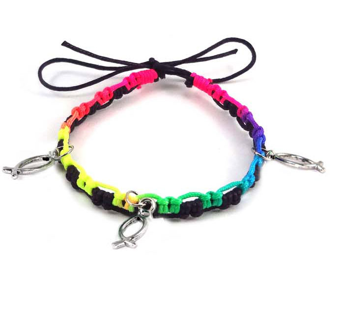 Pulsera mulicolor CJR con tres Icthus metal Negro/rosa/lila/amarillo/verde claro/verde oscuro/azul (Nueva colección Luce y Compa