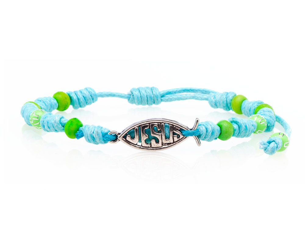 Pulsera algodón CCI con Icthus con Jesús  Azul  claro/verde (Nueva colección Luce y Comparte)