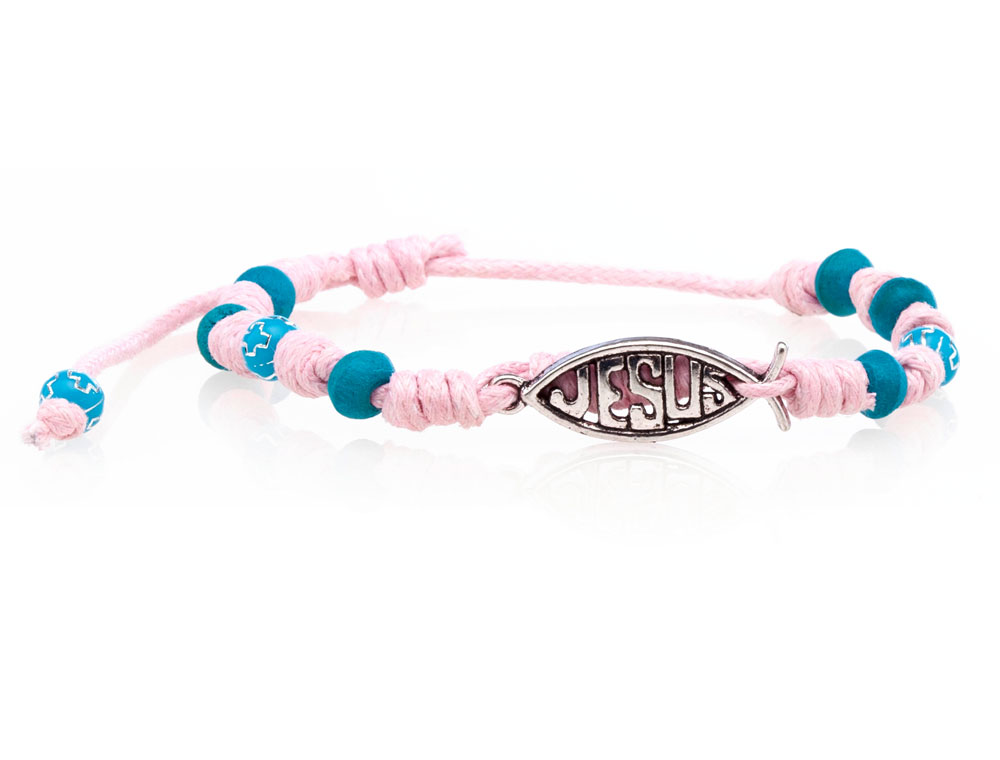 Pulsera algodón CCI con Icthus con Jesús Rosa/azul (Nueva colección Luce y Comparte)