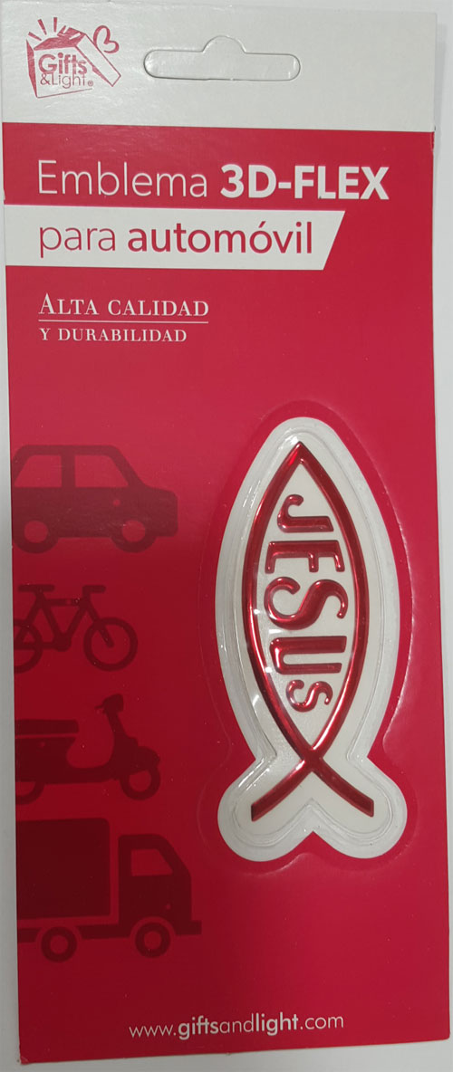 Emblema Icthus con Jesús rojo para auto 3d-FLEX  8 cm
