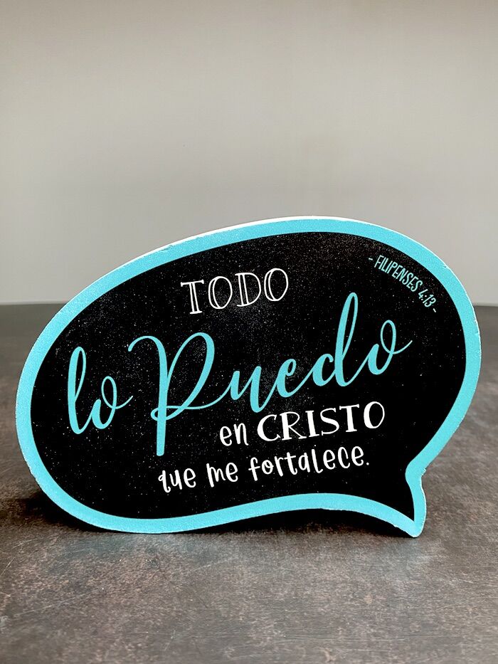 Todo lo puedo en Cristo - Plaque globo de cómic de madera