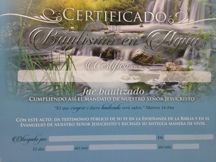Certificados de bautismo en agua. Paquete 20 unidades