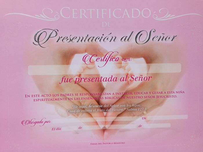 Certificados de presentación niña. Paquete 20 unidades