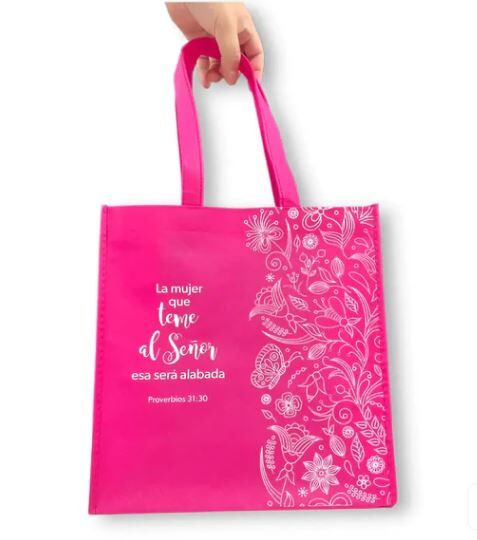 La mujer que teme al Señor. Bolsa de tela Tote bag fucsia. [723592074777] 