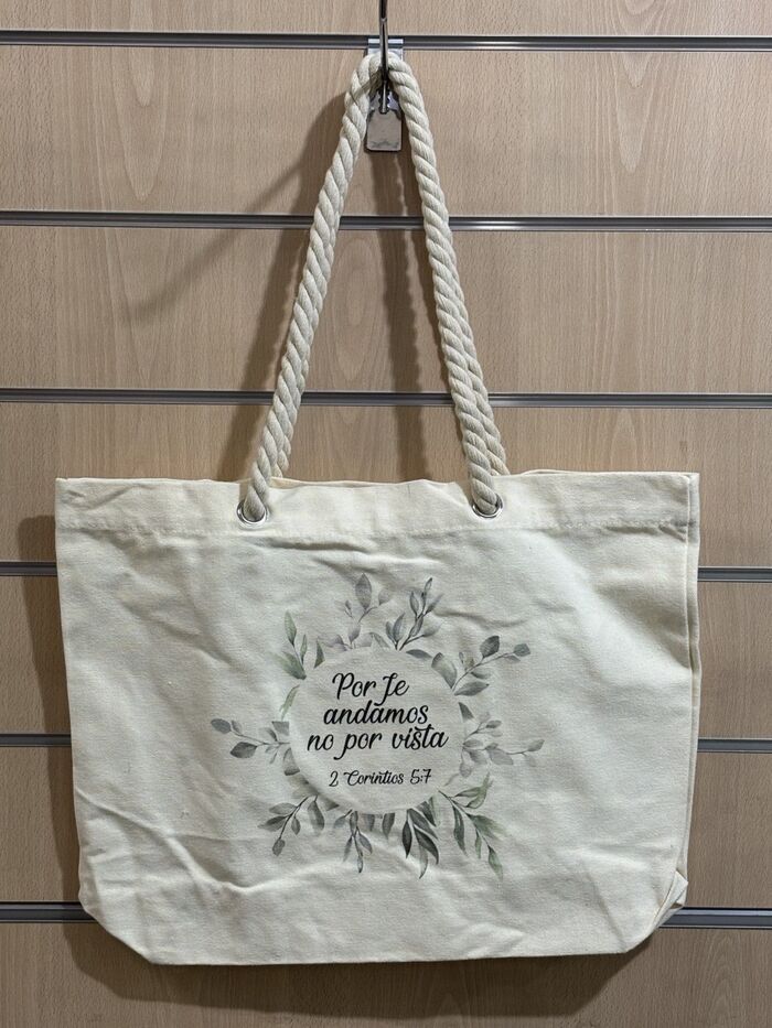 Por fe andamos. Bolsa de algodón con asa de cuerda trenzada
