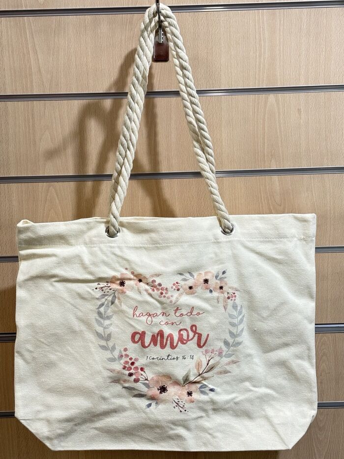 Hagan todo con amor. Bolsa de algodón con asa de cuerda trenzada