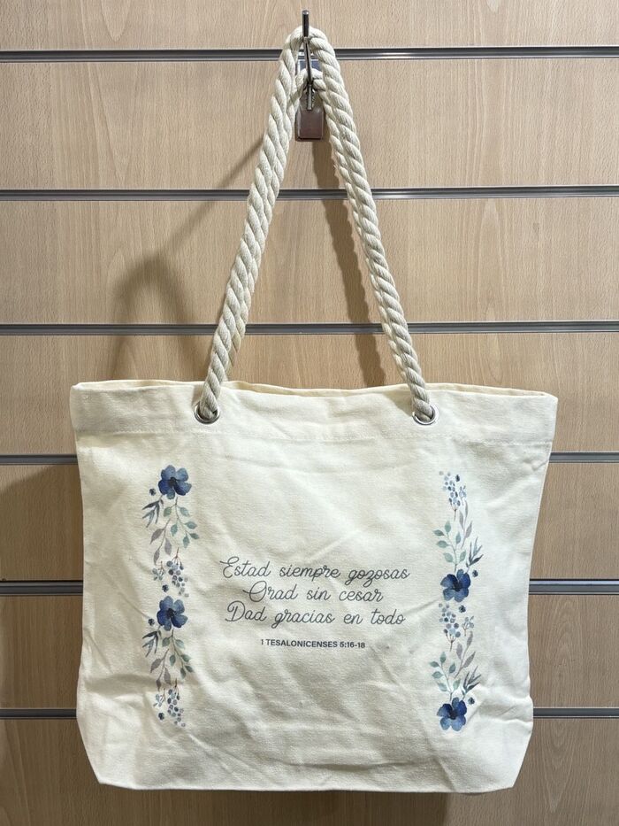 Estad siempre gozosas. Bolsa de algodón con asa de cuerda trenzada