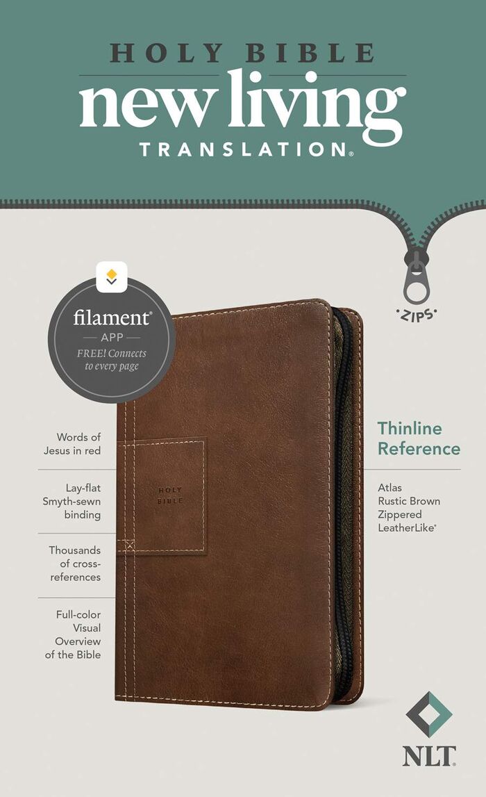 NLT Thinline Reference Zipper Bible, LeatherLike, Atlas Rustic Brown