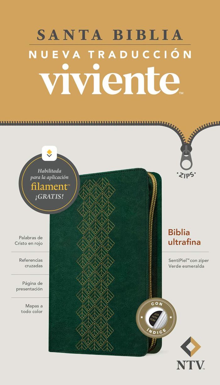 Biblia ultrafina NTV de zíper, con Filament, verde con índice