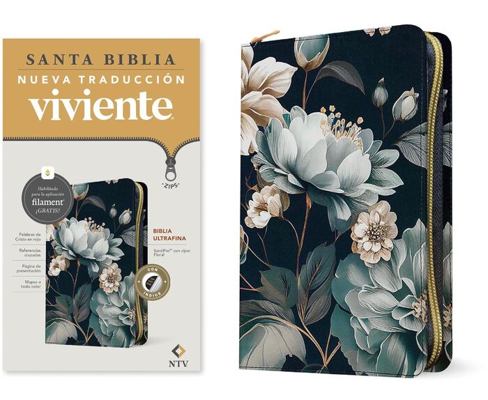 Biblia ultrafina NTV de zíper, con Filament con índice (SentiPiel, Floral , Letra Roja)