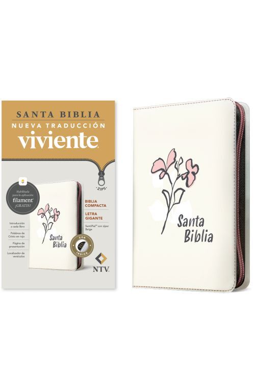 Biblia compacta NTV, letra gigante de zíper con Filament (SentiPiel, Beige, Índice, Letra Roja)
