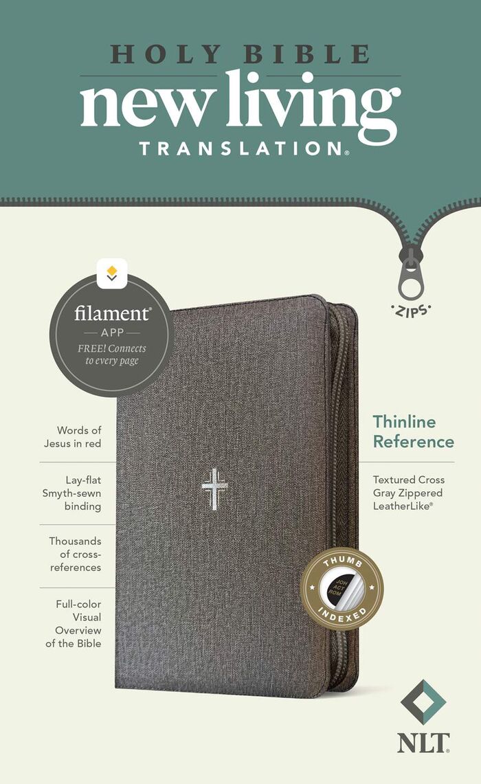 NLT Thinline Reference Zipper Bible, LeatherLike, Indexed, Textured Cross Gray