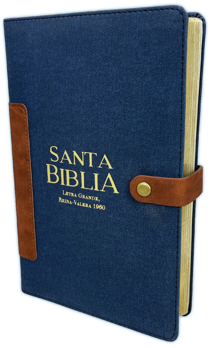 Biblia RVR60 Letra Grande i/piel tela vintage azul/café con broche