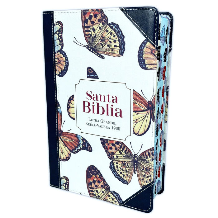 Biblia RVR60 Tamaño manual letra grande Índice i/piel y tela Azul con mariposas Colección Confianza
