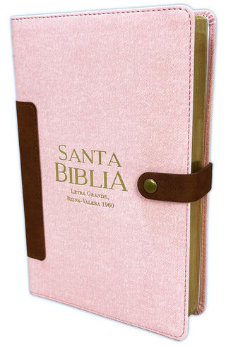 Biblia RVR60 Letra Grande i/piel tela vintage rosa/café con broche