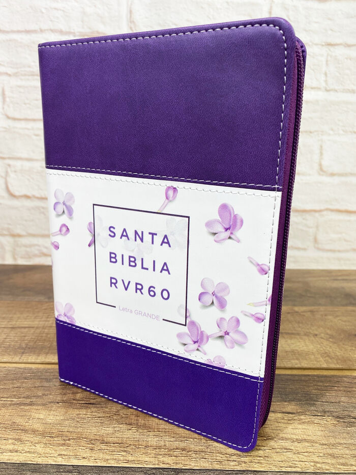 Biblia RVR60 tamaño manual Letra grande tricolor i/piel lila/blanco flores/lila cierre índice concordancia