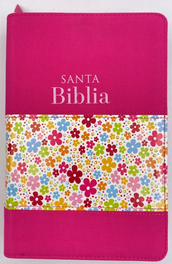 Biblia RVR60 tamaño manual letra grande con cierre fucsia con flores