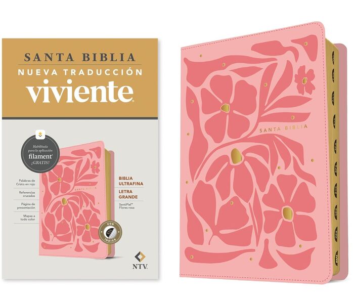 Biblia ultrafina NTV, letra grande con Filament con índice(SentiPiel, Flores rosa, Letra Roja) 