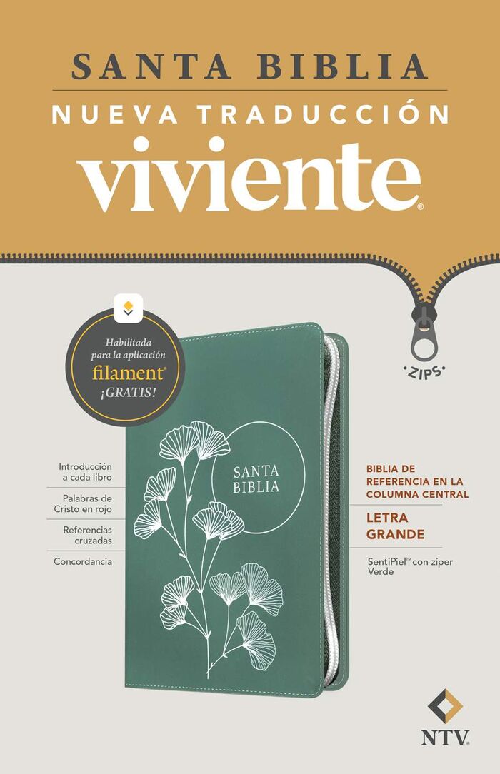 Biblia de referencia en la columna central NTV, letra grande de zíper con Filament Verde con flores plata