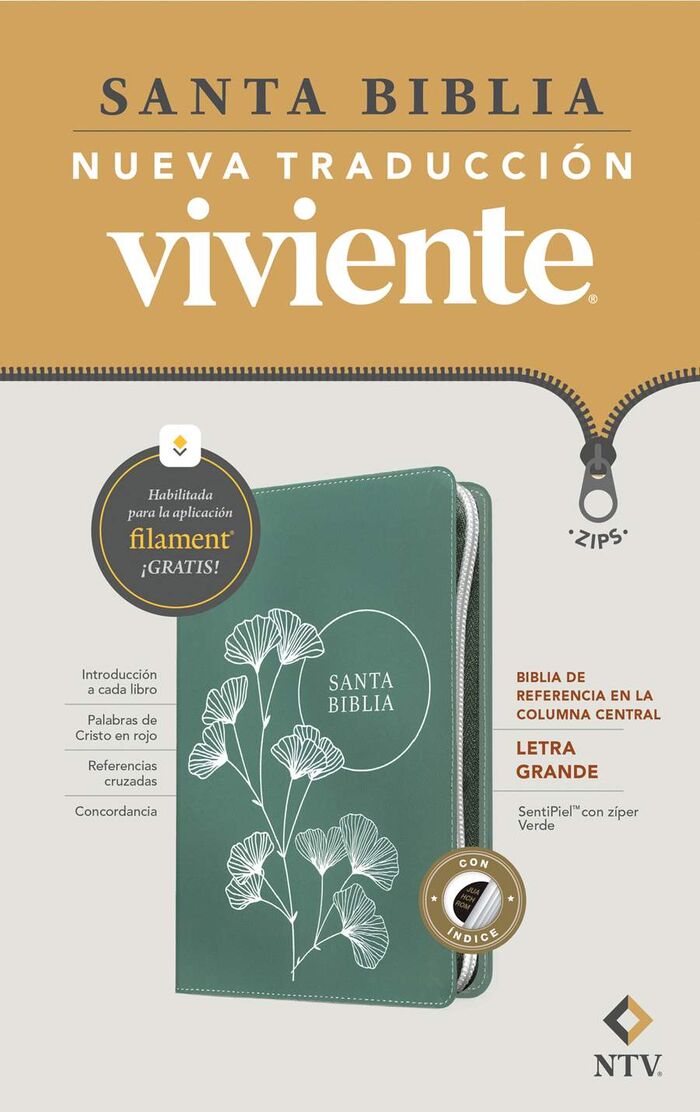Biblia de referencia en la columna central NTV, letra grande de zíper con Filament Verde con flores plata con índice