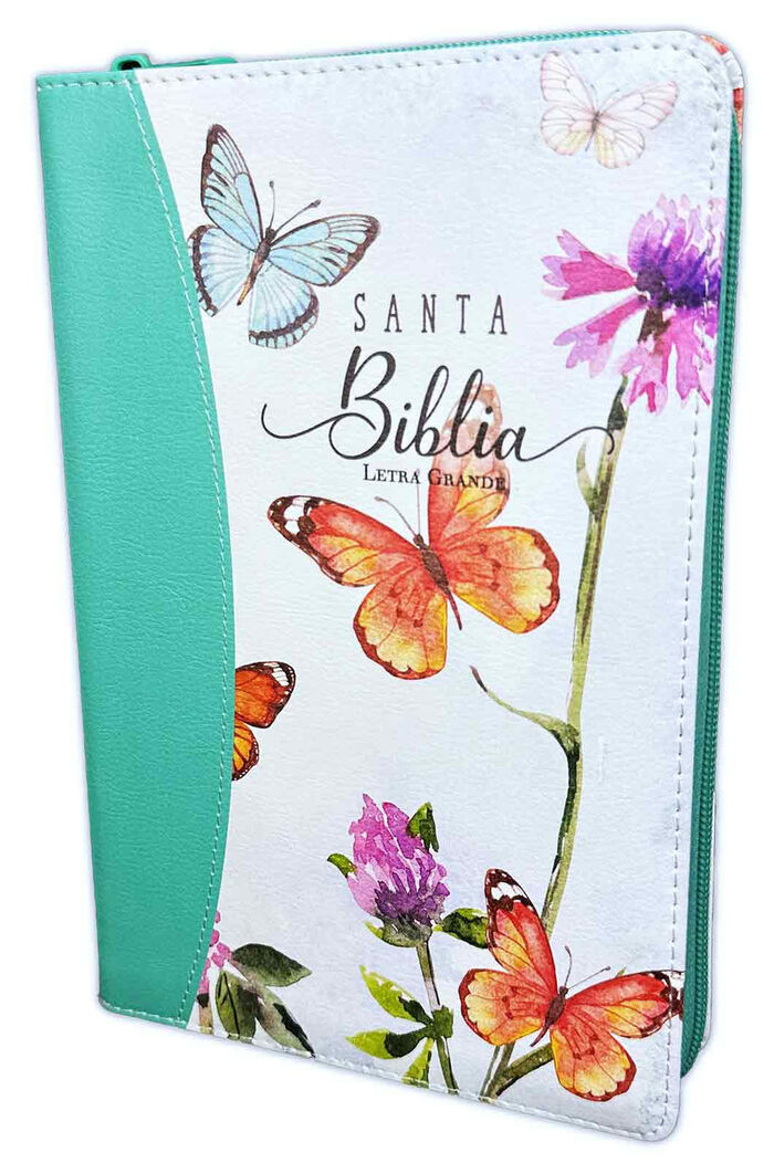 Biblia RVR60 Tamaño manual Letra Grande i/piel cierre/índice canto pintado MARIPOSAS IMPRESA (Turquesa)