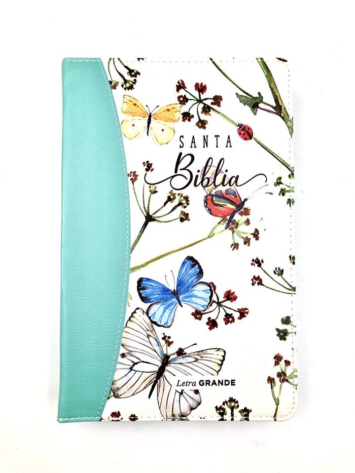 Biblia RVR60 Tamaño manual Letra Grande i/piel cierre/índice canto pintado MARIPOSAS + MARIQUITA IMPRESA (Turquesa)