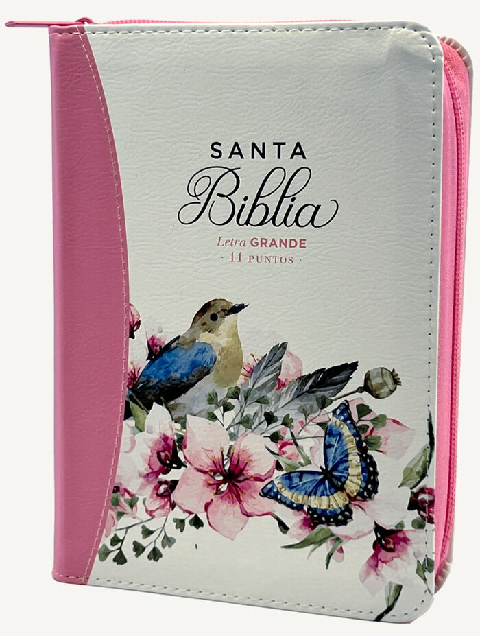 Biblia RVR60 portátil Letra Grande 11 puntos i/piel canto pintado ROSA FLORAL PÁJARO con cierre (Colección Fantasia)