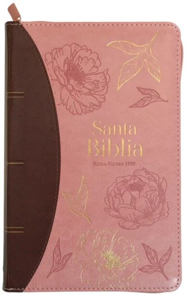 Biblia RVR60 tamaño manual letra grande i/piel rosa/marrón flores doradas con cierre/índice