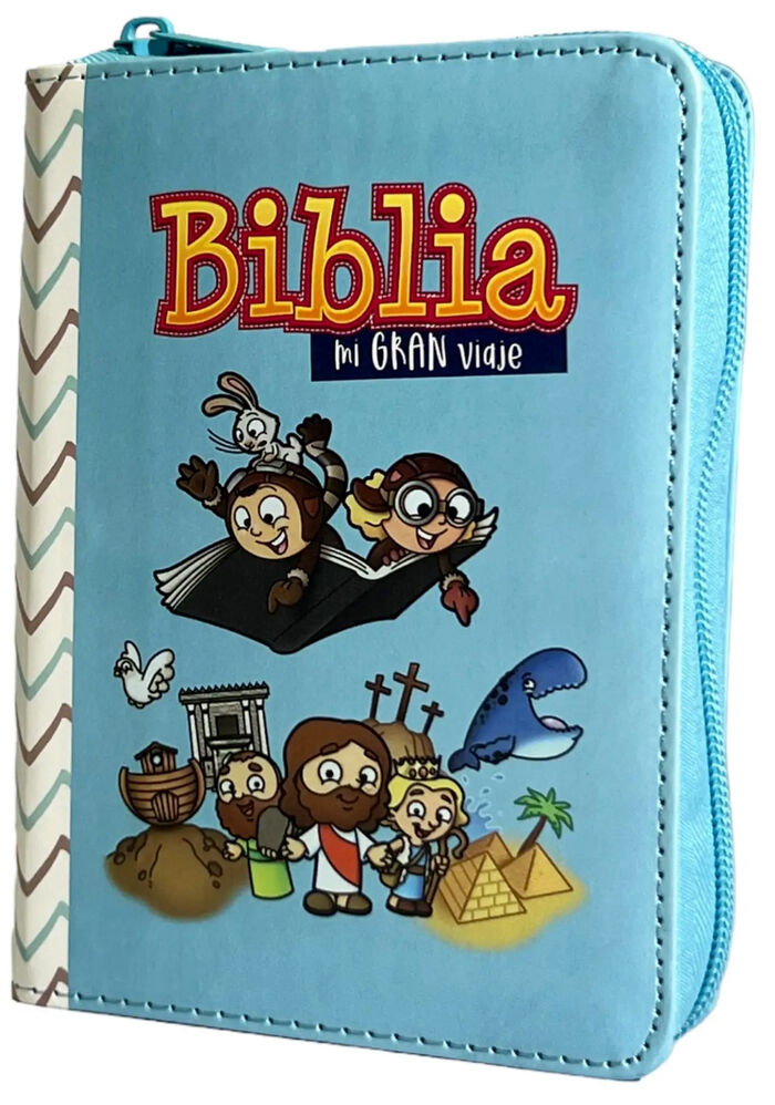 Biblia para niños Mi Gran Viaje RVR60 tamaño bolsillo i/piel con cierre azul con rayas