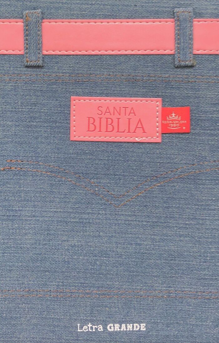 Biblia RVR60 Tamaño manual letra grande Tela Jean con cinturón rosa. Cierre/índice