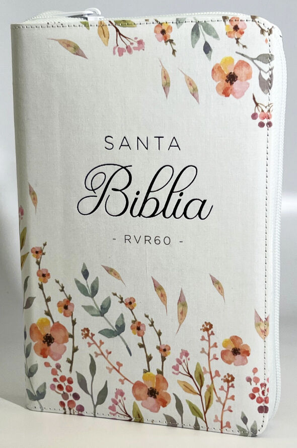 Biblia RVR60 Tamaño Manual Letra Grande con cierre TELA BLANCO FLORES