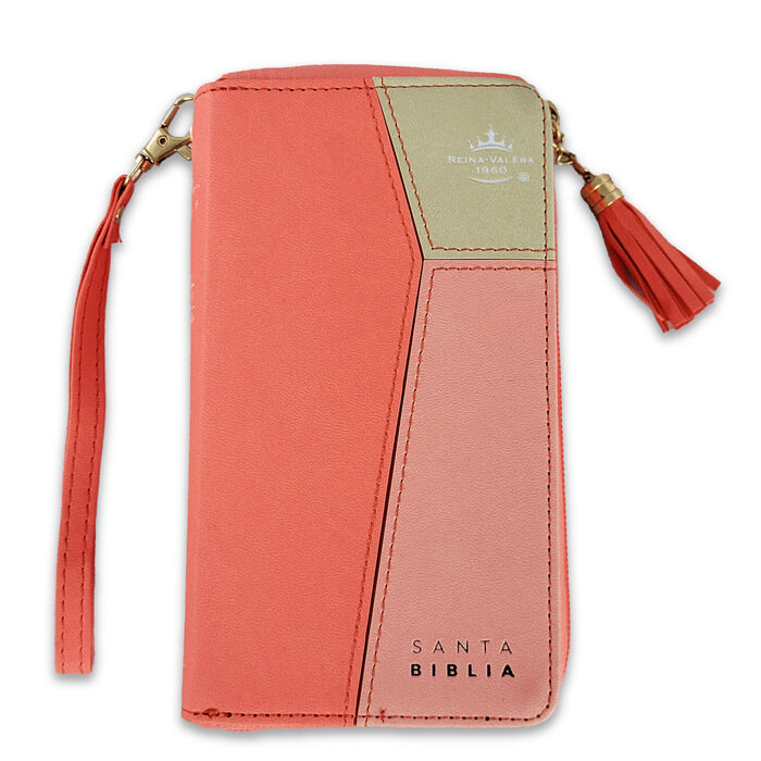 Biblia RVR60 Chequera i/piel coral/coral/beige con cierre/índice