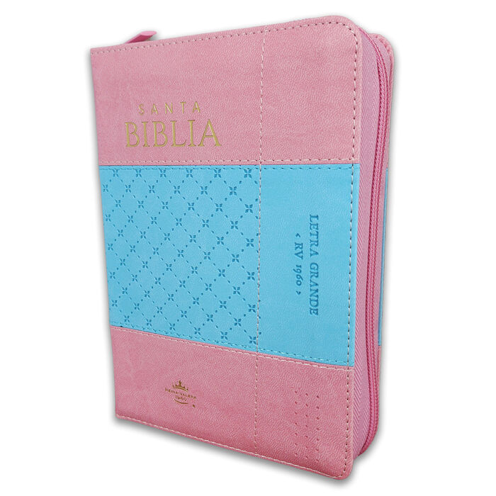 Biblia RVR60 Tamaño Compacto Letra Grande 12 puntos i/piel bicolor rosa/azul con cierre y con índice