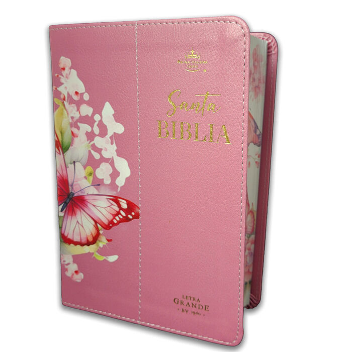 Biblia RVR60 Tamaño compacto Letra Grande 12 puntos i/piel Flores Rosa canto pintado